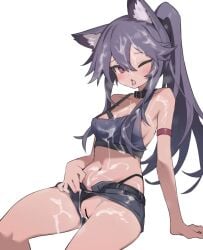 aku0 animal_ear_fluff animal_ears bar_censor belt_collar black_collar black_hair black_shorts breasts bukkake censored claw_pose clothing_aside collar commentary commission crop_top cum cum_on_body cum_on_clothes cum_on_hair cum_on_legs cum_on_stomach facial female flashing highres long_hair looking_at_viewer micro_shorts navel open_mouth original panties panties_aside panties_under_shorts pixiv_commission ponytail purple_eyes pussy shorts shorts_aside simple_background small_breasts smile solo symbol-only_commentary tongue tongue_out underwear white_background