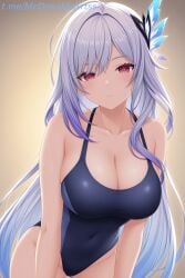 1female 1girl 1girls ai_generated bare_arms bare_shoulders big_breasts black_one-piece_swimsuit blue_hair blush breasts butterfly_hair_ornament cleavage closed_mouth collarbone commentary_request competition_swimsuit covered_navel cowboy_shot expressionless female female_focus female_only genshin_impact gradient_background gradient_hair grey_hair hair_ornament highleg large_breasts leaning_forward long_hair looking_at_viewer one-piece_swimsuit purple_hair red_eyes sidelocks skirk_(genshin_impact) solo swimsuit thighs very_long_hair zelanell