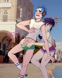 2d_(gorillaz) bilberrybear biting_lip blue_hair blush boner clothed_female_nude_male crop_top dubious_consent embarrassed embarrassed_nude_male empty_eyes forced_exposure gorillaz grabbing_from_behind gym_shorts headphones male male/female missing_tooth nonconsensual noodle_(gorillaz) noodle_(humility) older_male purple_hair shorts surprised thick_eyebrows tooth_gap white_eyes younger_female