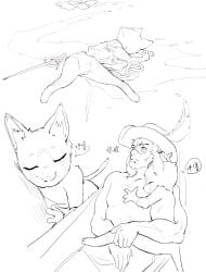 anthro biped blood bodily_fluids closed_eyes closed_smile clothing dialogue domestic_cat eyebrows felid feline felis female fingers fur genitals group guts hat headgear headwear hi_res human male mammal mouth_closed on_ground organs pussy simple_background skeleton265 smile speech_bubble tail text trio
