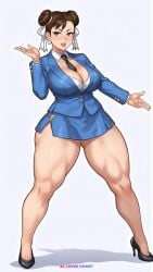 1girls ai_generated ai_loverhoney asian asian_female big_breasts breasts brown_eyes brown_hair capcom chun-li cleavage curvaceous curvy_female earrings female female_only high_heels huge_thighs large_breasts light-skinned_female light_skin microskirt miniskirt no_panties office office_lady pantless posing standing street_fighter thick thick_thighs thunder_thighs tie voluptuous voluptuous_female wide_hips