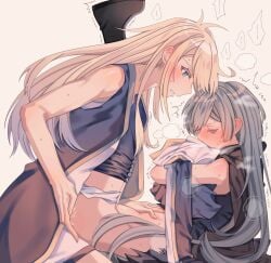2girls black_necktie blonde_hair blush breasts brown_necktie closed_eyes clothed_sex collared_dress dress duel_monster emptyayya fingering grey_hair head_steam highres long_hair long_sleeves multiple_girls necktie pussy pussy_juice simple_background sky_striker_ace_-_raye sky_striker_ace_-_roze sweat two-tone_dress yu-gi-oh! yuri
