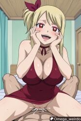 1girl1boy ai_generated big_breasts blonde_female blonde_hair blush cum cum_in_pussy cum_inside fairy_tail female glowing_eyes hair_ribbon hand_on_own_face heart-shaped_pupils huge_breasts long_hair lucy_heartfilia male omega_weirdo open_mouth patreon pov pov_sex red_dress red_eyes ribbon sex side_ponytail straddling yandere yandere_trance