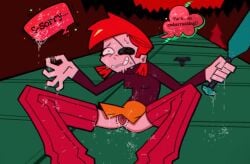 1girl cum ejaculation embarrassed exposed_pussy female liv_(pxay_off) masturbation no_panties no_panties_under_skirt public pussy pxay_off red_hair solo speech_bubble sweat train upskirt