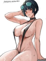 1girls atlus big_breasts black_sling_bikini blush breasts brown_eyes cleavage collar dark_blue_hair female female_only hair hand_behind_head headwear mature mature_female mature_woman necklace neckwear nero_watch persona persona_5 short_hair skimpy skimpy_bikini sling_bikini solo solo_female spiked_collar sunglasses sunglasses_on_head swimwear tae_takemi thighs wet wet_body