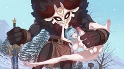 1boy 1futa ai_assisted ai_generated bigger_male dsp eula_(genshin_impact) futanari genshin_impact hilichurls_(species) intersex large_penis male male_on_futa outdoors penis_grab precum size_difference smile sword winter