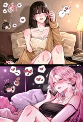 2girls absurdres alien_stage black_camisole black_hair blush camisole closed_eyes closed_mouth commentary english_commentary female female_masturbation heart highres jewelry lamp long_hair masturbation medium_hair memeanimeow mizi_(alien_stage) multiple_girls neck_blush necklace on_bed open_mouth parted_lips phone_sex pillow pink_hair ponytail purple_eyes sitting smile spoken_heart sua_(alien_stage) talking_on_phone trembling yellow_camisole yuri