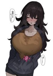 black_eyes black_hair black_jacket black_shorts breasts breasts_bigger_than_head brown_shirt collarbone female hair_flaps highres huge_breasts implied_after_sex jacket light_blush mh2en netorase open_clothes open_jacket open_mouth original shirt shorts simple_background solo speech_bubble stained_clothes sweat white_background zipper