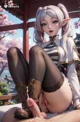 1boy 1boy1girl 1girls ai_generated anus artist_name ass black_thighhighs boots breasts capelet cum dangle_earrings dress earrings ejaculation elf erection footjob frieren frieren_beyond_journey's_end green_eyes hi_res jewelry legs long_hair long_sleeves looking_at_viewer open_mouth outdoors patreon_username penis pointy_ears pussy r34arts shirt sitting solo_focus sousou_no_frieren straight striped_clothes striped_shirt thighhighs twintails uncensored web_address white_capelet white_hair