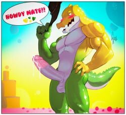 absurd_res anthro aroused aroused_face ass balls big_butt big_penis bodily_fluids bubble clothing cowboy_hat crocodile crocodilian cum cum_drip dripping erection genital_fluids genitals glans glitch_productions green_body gummigoo_(tadc) gummigoo_(the_amazing_digital_circus) hat headgear headwear hi_res huge_cock leaking_cum leaking_precum long_penis male male_only muscular muscular_male nude pecs penis precum precum_drip reptile scalie solo spicyboi01 the_amazing_digital_circus thick_penis thick_thighs white_body yellow_body