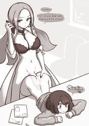ass bent_over blush bra breasts cardigan cellphone clothed_sex coat cross_section desk english_text fingernails futa_with_female futanari gloria_(pokemon) grabbing_another's_ass groping holding holding_phone large_breasts liveactors long_fingernails long_hair multitasking oleana_(pokemon) on_desk open_clothes open_coat penis phone pokemon pokemon_swsh sex short_hair speech_bubble talking_on_phone underwear x-ray