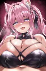 1boy 1girls animal_ears antenna_hair bare_shoulders black_dress black_ribbon blush braid breasts censored circussion cleavage coyote_ears coyote_girl coyote_humanoid dress female female_focus hair_intakes hair_ribbon hakui_koyori hakui_koyori_(dark_maid) hololive hololive_japan holox huge_breasts light-skinned_female light-skinned_male light_skin long_hair male male_pov mosaic_censoring oerba_yun_fang open_mouth paizuri penis pink_background pink_eyes pink_hair pov ribbon skin_fang smile solo twintails virtual_youtuber
