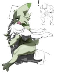 anthro biped bodily_fluids duo exclamation_point feet female fingers floragato fur generation_9_pokemon genital_fluids green_body green_fur hi_res humanoid looking_down male multicolored_body nintendo on_lap pink_body pokemon pokemon_(species) pupils red_eyes side_view simple_background sitting sitting_on_lap skeleton265 spread_toes sweat toes vaginal_fluids white_background