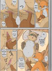 anthro canine comic dialogue duo english_text female fox male mammal manga mikaduki_karasu nude penis pokko pussy raccoon text translated tsuki