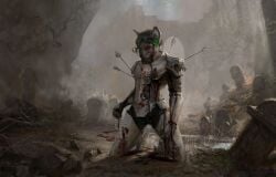2025 anthro armor arrow_(weapon) blood bodily_fluids broken_armor canid canine canis cemetery dark_souls digital_media_(artwork) domestic_dog fog fromsoftware genitals gore hair hurt_expression male mammal messy_hair nosebleed plant ranged_weapon sasha_shkip solo tombstone tree weapon wounded