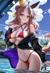 ahoge ai_generated animal_ears bikini breasts brown_hair copano_rickey_(umamusume) female horse_girl pool purple_eyes two_tone_hair umamusume umamusume_pretty_derby wet