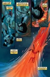 2girls alien alien_girl alien_humanoid atlee black_hair blonde_hair cape cleavage_cutout comic comic_page dc_comics female kara_zor-el official_art power_girl short_hair superman_(series) terra_(dc) underwater volcano