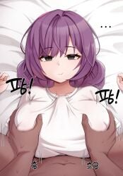 ... 1boy 1girls :t absurdres bed_sheet black_eyes black_survival boy_on_top breasts chewing closed_mouth clothed_female_nude_male clothed_sex dark-skinned_male dark_skin double_bun eternal_return:_black_survival expressionless female grabbing_another's_breast groping hair_bun hands_up highres huge_breasts kisa_(leg3043) light-skinned_female light_skin long_hair looking_at_viewer lying male male_pov motion_lines nia_heller nude on_back paizuri paizuri_under_clothes penis_under_another's_clothes pov pov_crotch purple_hair shirt short_sleeves solo_focus straight trembling white_shirt