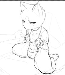 accessory anthro biped bottomwear breasts clothed clothing clothing_lift domestic_cat duo felid feline felis female fingers genitals heart_eyes heart_symbol jewelry kneeling mammal mostly_nude necklace pussy simple_background skeleton265 small_breasts smile solo_focus topwear white_background
