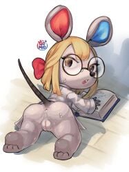 absurd_res accessory animal_crossing anthro anus bodily_fluids book bottomless bow_ribbon clothed clothing coat eyewear female genitals glasses gomogomo hair_accessory hair_ribbon hairbow hi_res kneeling lab_coat looking_at_viewer looking_back mammal mouse murid murine nintendo petri_(animal_crossing) pussy rear_view ribbons rodent solo sweat topwear