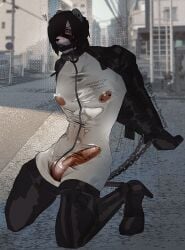alternative_fashion anthro armbinder ball_gag balls bear binder_(restraint) black_hair bondage_gear boots bunny_(milkbearbunny) clothing collar detailed_background emo emo_hair eye_bags footwear fur furry gag gagged genitals hair hands_behind_back hi_res high_heeled_boots high_heels kneeling latex latex_clothing latex_skinsuit legwear male mammal milkbearbunny muzzle_(object) muzzle_gag muzzled nipple_piercing nipples penis piercing public public_nudity restraints shoes skinsuit solo submissive submissive_anthro submissive_male thigh_boots thigh_highs tight_clothing white_body white_fur