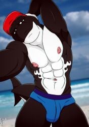 2018 abs anthro beach black_body blue_clothing blue_speedo blue_swimwear bulge cetacean closed_smile clothing cloud digital_media_(artwork) dolphin fabfelipe hand_behind_head hi_res kerchief looking_at_viewer male mammal marine mouth_closed navel nipples oceanic_dolphin orca pink_nipples pose red_kerchief sand sea sky smile solo speedo swimwear tail toothed_whale water white_body