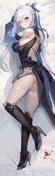 absurdres ass bare_shoulders black_gloves blindfold blue_dress blue_sleeves blush boots breasts censored closed_mouth detached_sleeves dress female gloves hair_between_eyes high_ponytail highres holding honkai:_star_rail honkai_(series) jingliu_(honkai:_star_rail) large_breasts long_hair looking_at_viewer magic_xiang pantyhose ponytail pussy red_eyes solo thighband_pantyhose thighs white_hair white_pantyhose