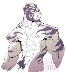 abs catsudon feline half-length_portrait looking_at_viewer male male_only mammal muscular navel nipples pecs penis penis_base portrait pubes restricted_palette signature solo sweat tiger vein veiny_penis