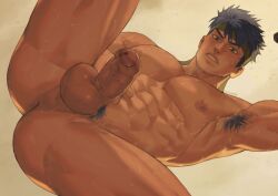 abs armpit_hair ass ass_focus balls below_view blush dark_blue_hair dreampipe fire_emblem fire_emblem:_path_of_radiance fire_emblem:_radiant_dawn headband ike_(fire_emblem) male male_nipples male_only muscular muscular_male nipples pubic_hair solo sweat sweating testicles
