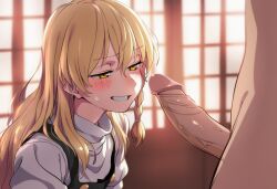 1boy ai_generated black_vest blonde_hair blush braid clothed_female_nude_male erection female fluffyhairenjoyer grin hair_between_eyes indoors kirisame_marisa long_hair novelai nude penis shirt side_braid single_braid smile solo_focus straight sweatdrop teeth touhou uncensored upper_body vest white_shirt yellow_eyes