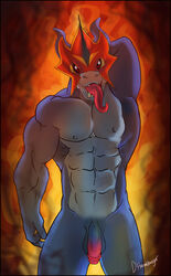 abs big_penis digimon dragon fire flamedramon male male_only muscular nipples nude painis18 penis reptile scalie solo