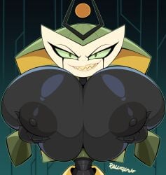 artist_signature breast_grab breasts breasts_out female huge_breasts hyper lifting_breasts my_life_as_a_teenage_robot nipples presenting presenting_breasts robot robot_girl rollerlane synthetic vexus