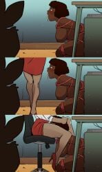 apollo_seven(artist) at_the_mountains_of_friendship bondage breasts cunnilingus dark-skinned_female drooling nude_female office office_lady panels tied_up under_the_table