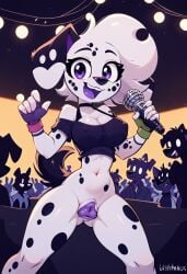 101_dalmatian_street 101_dalmatians ai_generated anthro canid canine canis concert crowd dalmatian disney domestic_dog pussy silhouettes_crowd singing vanny_(101_dalmatians) vanny_(whistlerarts29)
