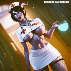 ai_generated demon_girl draenei draenei_female draenei_paladin goddess graenei horns nurse nurse_uniform reincarnation tiefling tiefling_girl world_of_warcraft xoathena