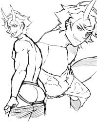 anus ass_focus athletic black_and_white clayzoku colorless fit fit_male fundoshi fundoshi_only japanese_mythology jockstrap lowering_pants male male_only mythology no_color oni oni_boy oni_horns pants pants_down showing showing_ass showing_off showing_off_ass solo solo_focus solo_male toned toned_body tongue tongue_out twunk yoshiyukidoji