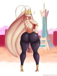! 1girls aceymari ass back back_view big_ass blue_eyes bubble_ass bubble_butt clothing creatures_(company) exclamation_point female female_only footwear full_body game_freak hair hand_on_hip heels high_heels huge_ass legs long_hair looking_back nintendo pheromosa pokemon pokemon_(species) pokemon_sm pokemon_xy solo solo_female thighs white_body white_hair white_skin