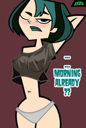 1girls after_sex blush blushing dialogue goth green_hair gwen_(tdi) hourglass_figure loose_clothes loose_shirt no_bra no_pants off_shoulder panties perky_breasts see-through stretching tank_top teal_hair teenager text toony total_drama_island wasp_waist wink