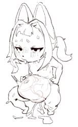 anthro biped black_eyes bodily_fluids cum cum_expulsion cum_inside domestic_cat eyebrows felid feline felis female fur genital_fluids hair inflation inflation leaking_cum mammal nude open_mouth simple_background skeleton265 solo standing sweat tongue tongue_out white_background