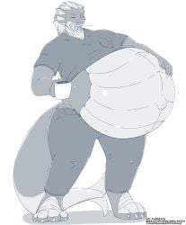 belly beverage big_belly coffee cudacore dragon hi_res male mythological_creature mythological_scalie mythology navel open_mouth outie_navel pregnant pregnant_male scales scalie scrubs yawn
