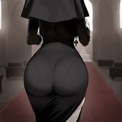 ai_generated ass ass_focus big_ass carpet church from_behind hololive houshou_marine huge_ass narrow_waist nun nun_outfit outline panties pluqqi qos queen_of_spades skindentation thighhighs tight_clothing veil walking wide_hips