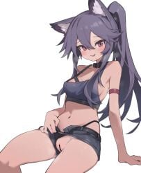 aku0 animal_ear_fluff animal_ears bar_censor belt_collar black_collar black_hair black_shorts breasts censored claw_pose clothing_aside collar commentary commission crop_top female flashing highres long_hair looking_at_viewer micro_shorts navel open_mouth original panties panties_aside panties_under_shorts pixiv_commission ponytail purple_eyes pussy shorts shorts_aside simple_background small_breasts smile solo symbol-only_commentary underwear white_background