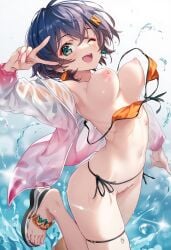ai_generated belle_(zenless_zone_zero) bikini_top_removed breasts_out happy_female nipples one_eye_closed peace_sign raaicave sandals zenless_zone_zero