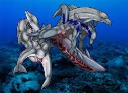 2009 animal_genitalia anthro anthro_on_feral avilon cetacean closed_eyes dolphin female feral from_front_position genital_slit genitals group looking_pleasured male male/female male/male mammal marine open_mouth open_smile penetration penis pussy smile tapering_penis toothed_whale underwater vaginal_penetration vaginal_penetration water zoophilia