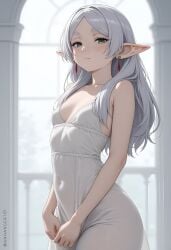 1girls ai_generated anhanger10 dress female frieren green_eyes pointy_ears small_breasts solo sousou_no_frieren tagme white_hair