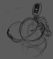 areola_slip breast_expansion button_down_shirt female glados glados_(humanoid) greyscale inverted_nipples large_breasts no_background no_mouth office_lady open_shirt outgrowing_clothes polygonalfish portal_(series) robot robot_girl sketch skirt solo solo_female