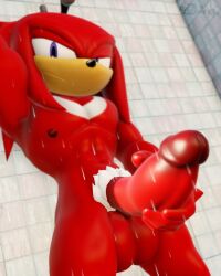 1boy 3d_(artwork) anthro artemissaturn balls digital_media_(artwork) echidna genitals holding_penis knuckles_the_echidna looking_at_viewer male male_only mammal masturbation monotreme muscular muscular_male nipples pecs penis presenting presenting_penis pubes sega shower solo sonic_(series) sonic_the_hedgehog_(series) wet