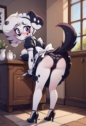 101_dalmatian_street 101_dalmatians ai_generated anthro canid canine canis dalmatian disney domestic_dog female maid maid_headdress maid_uniform panties rear_view skirt_lift vanny_(101_dalmatians) vanny_(whistlerarts29)