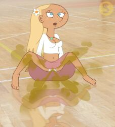 1girls 2025 4_fingers 4_toes barefoot bellybutton blonde_female blonde_hair blue_eyes cleavage colored colored_outline fart fart_fetish farting female flower_in_hair gym long_hair long_hair_female miracle_grohe nervous onomatopoeia photo_background photorealistic pink_skirt reflection relieved sit_down_shut_up sitting smiling solo_female solo_focus spread_legs stinkify style_parody tank_top upskirt watermark white_panties white_shirt white_skin