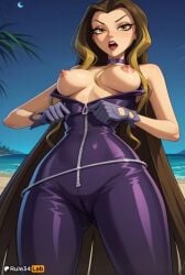 1girls 4kids_entertainment ai_generated artist_name bare_shoulders beach blonde_hair bodysuit breasts brown_eyes brown_hair cameltoe crescent_moon darcy_(winx_club) gloves hi_res large_breasts long_hair looking_at_viewer moon multicolored_hair nickelodeon night nipples no_bra open_mouth outdoors purple_bodysuit rainbow_(animation_studio) rule34lab sky solo teeth very_long_hair winx_club yellow_eyes zipper zipper_pull_tab